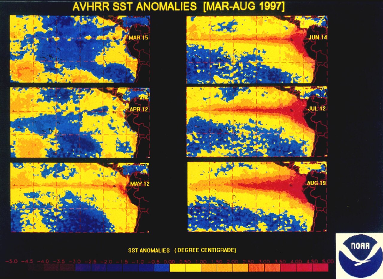 Karte der Meeresoberflächentemperatur-Anomalien im äquatorialen Pazifik während des starken El-Niño-Ereignisses 1997.