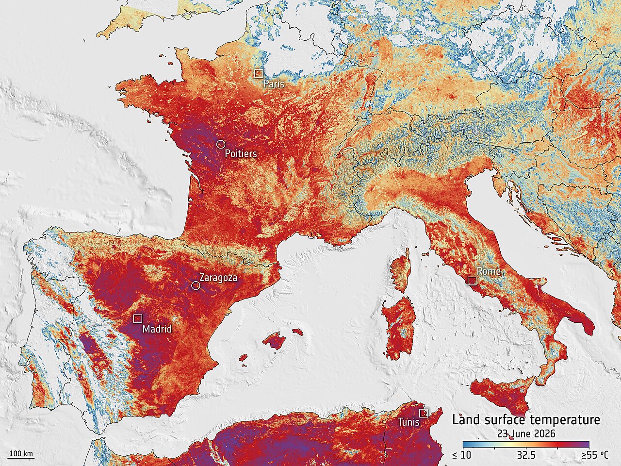 Satellitenaufnahme der Copernicus-Sentinel-3-Mission vom 23. Juni 2026: Land-Oberflächentemperaturen über Europa während der Hitzewelle. Rot- und Violetttöne markieren bis zu 55 Grad in Zentralspanien und Frankreich.