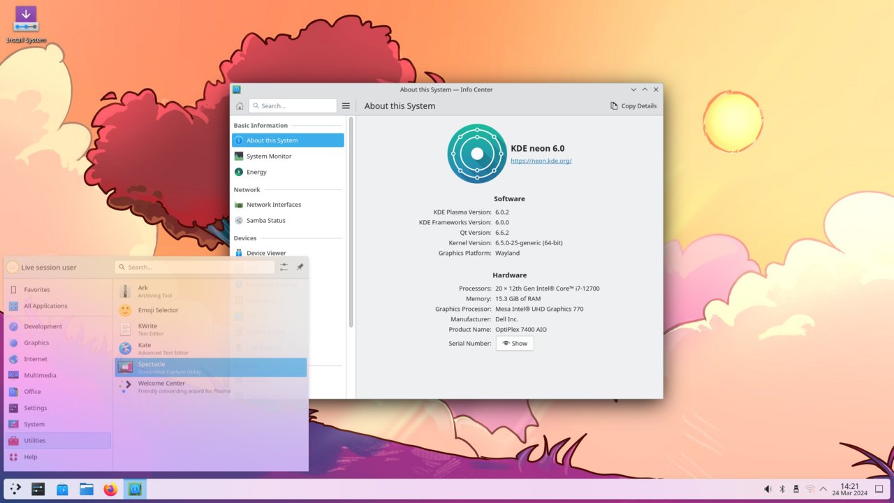 Screenshot des KDE-Plasma-6-Desktops mit geöffnetem Systeminformationsfenster