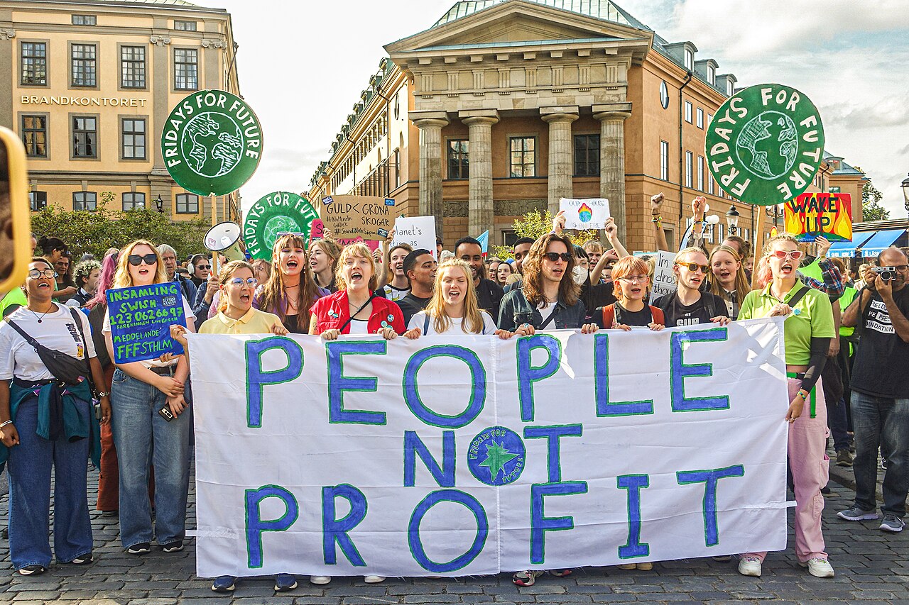 Klimademonstration in Stockholm mit Bannern und Fahnen auf einem zentralen Platz.