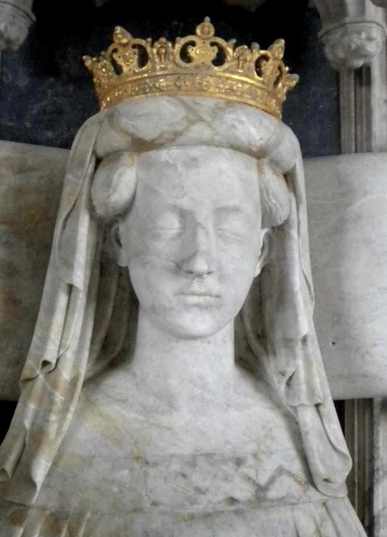 Grabbildnis der Königin Margarethe I. im Dom zu Roskilde, Detailaufnahme der gekrönten Effigie aus dem Jahr 1423.