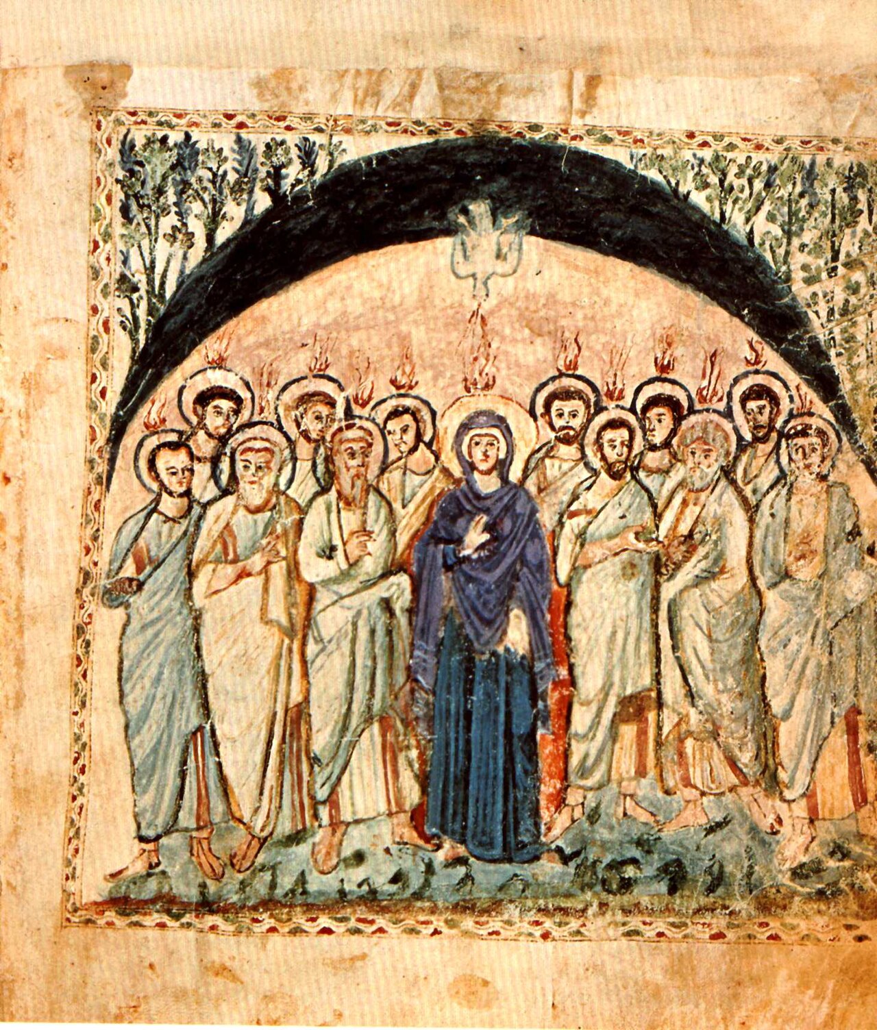 Pfingstdarstellung aus den Rabula-Evangelien, 6. Jahrhundert: Maria, die Apostel und der Heilige Geist als Taube.