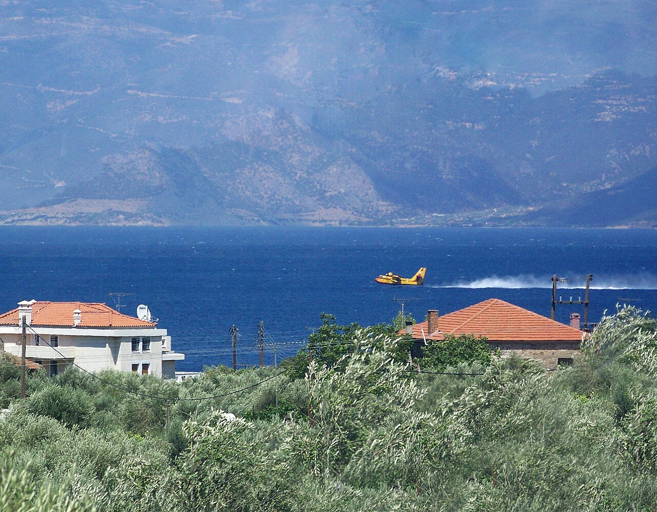 Ein griechisches Löschflugzeug vom Typ Canadair CL-215 nimmt über dem Golf von Korinth Wasser auf, um einen Waldbrand zu bekämpfen. Auf Salamis kamen am 16. August 2026 vier Löschflugzeuge und sieben Hubschrauber zum Einsatz.