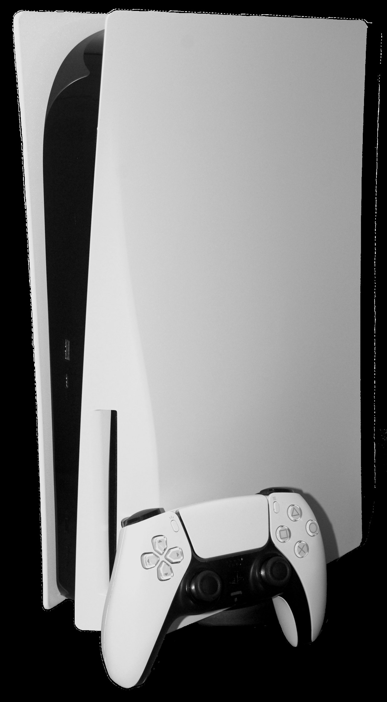 PlayStation 5 mit DualSense-Controller vor schwarz-weißem Hintergrund