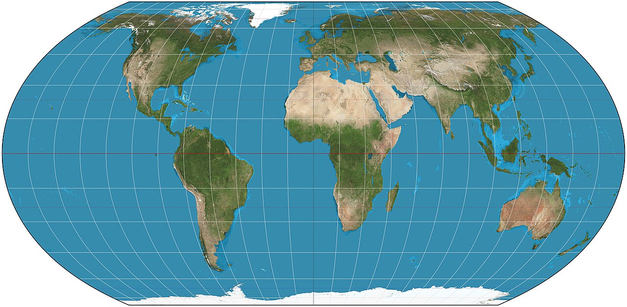 Weltkarte in Equal-Earth-Projektion mit physischer Darstellung der Kontinente auf Basis der NASA-Blue-Marble-Aufnahmen.